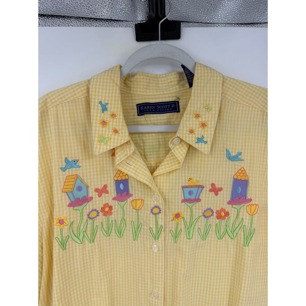 VTG Scott Womens 2X Button Down Shirt Gingham Yellow Embroidered Cottagecore - Picture 4 of 13